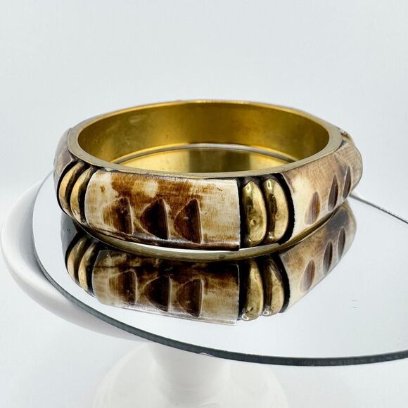 Vintage Hand-Carved Wood Brass Bangle Rustic Statement Bracelet Retro - Picture 6 of 9
